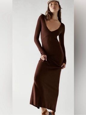 Free People Ribbed Brown V-Neck Maxi Dress
